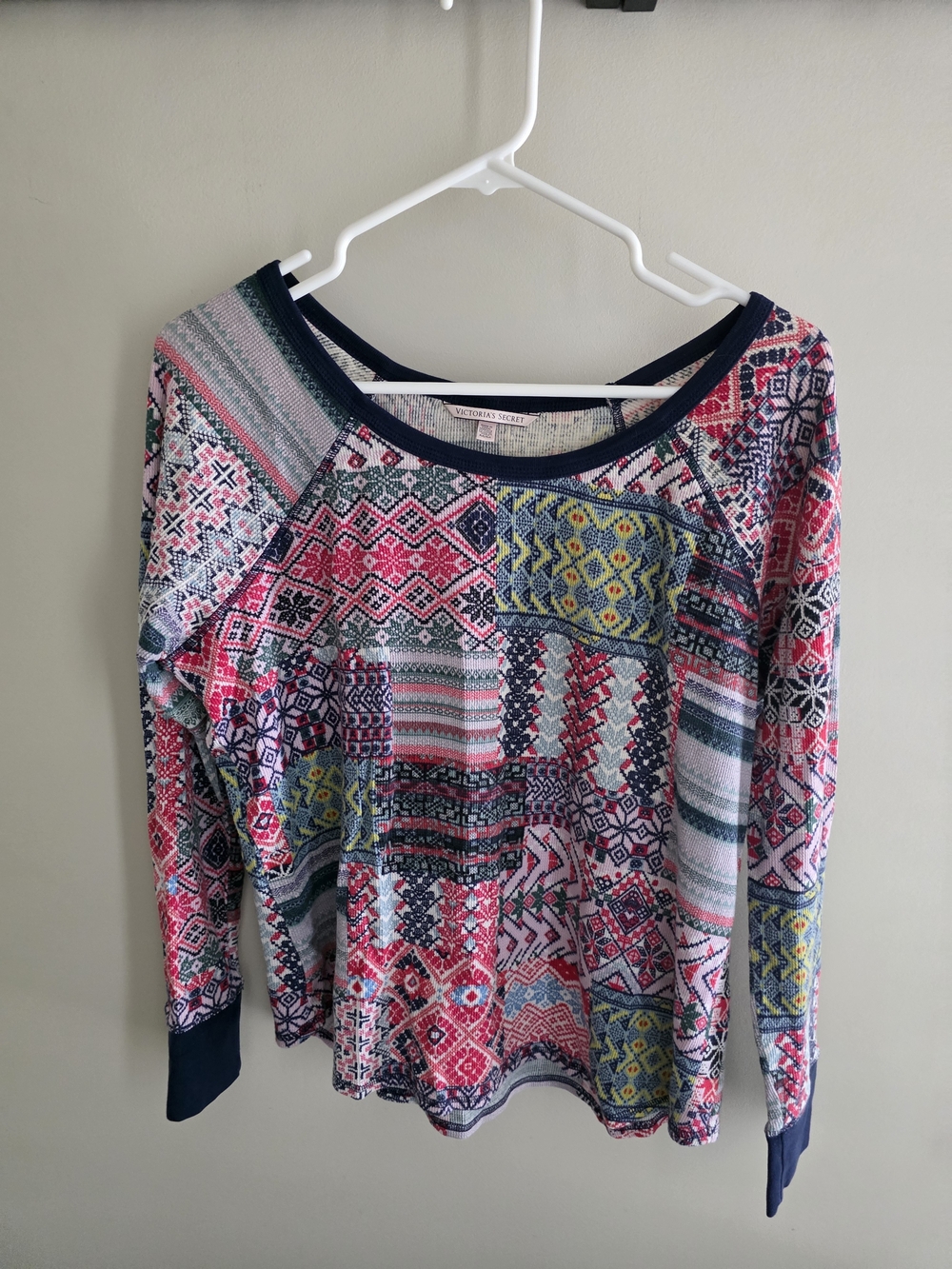 Victoria's Secret Multi-Color Patchwork Long Sleeve Top with Navy Trim